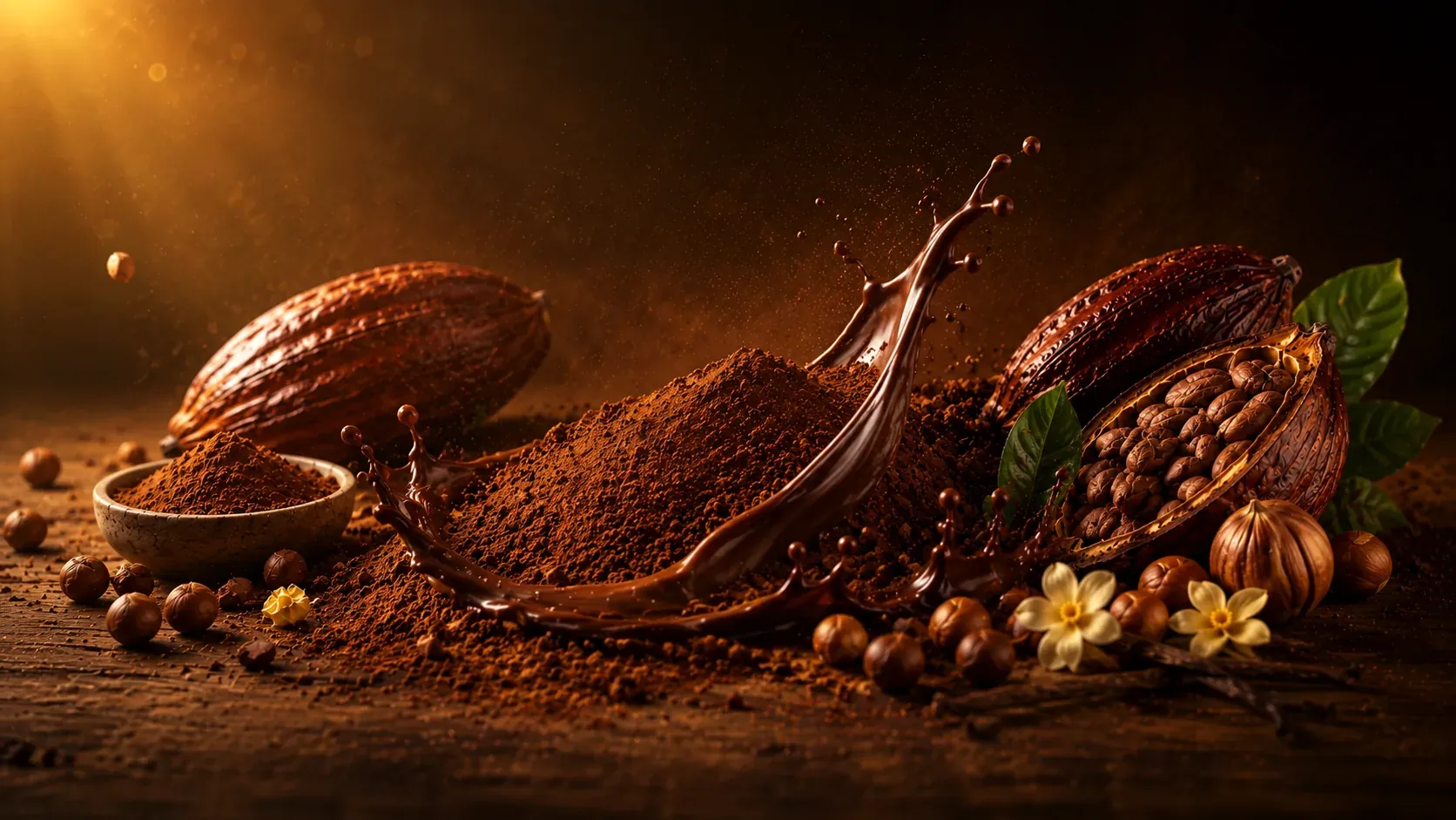 Cacau, chocolate, baunilha e avelãs em composição premium Majestic Cacao